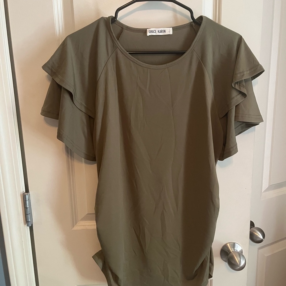 Grace Karin Khaki Ruffle Sleeve Blouse